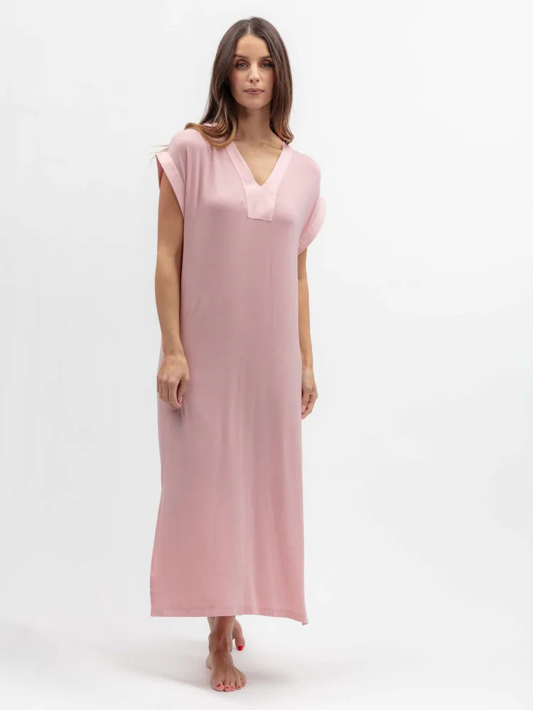 SS27 Nora Rose Pink Solid Jersey Cap Long Nightdress 2395