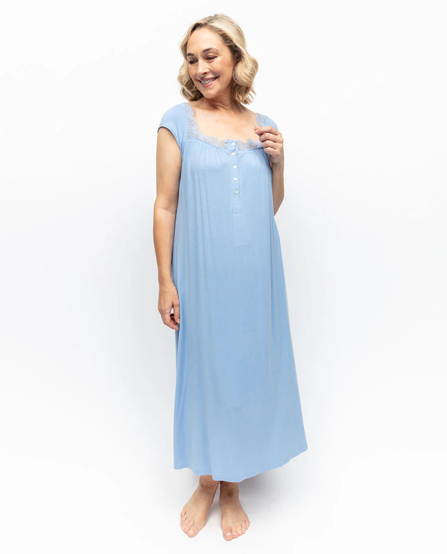 Nora Rose Selena Blue Modal Jersey Lace Long Nightgown 1919