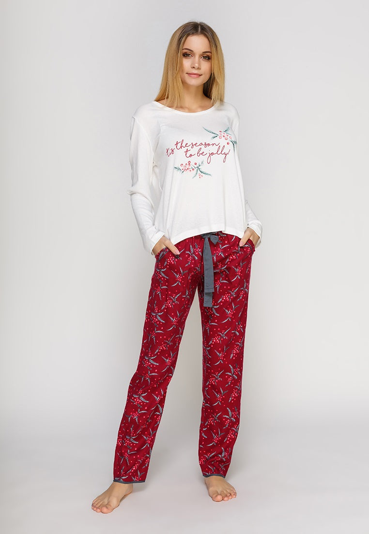 Holly Pyjama Set, Knit Top & Holly Print Pant