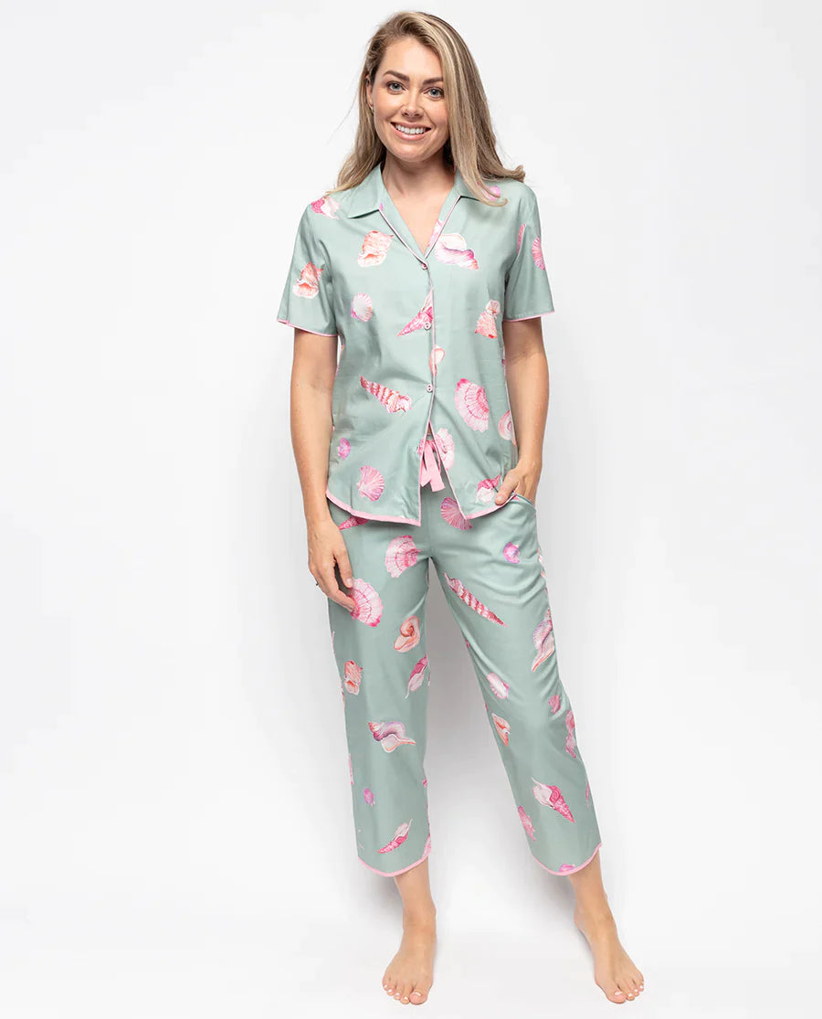 Coral Mint Green Shell Print PJ Set