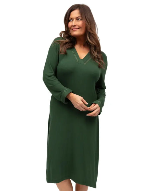 Nora Rose Jade Olive Green Lace Jersey Long Sleeve Nightdress 2242